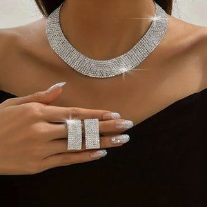 3pc Rhinestone Necklace & Earrring Set Silver Plated Inlaid Jewelry for Women